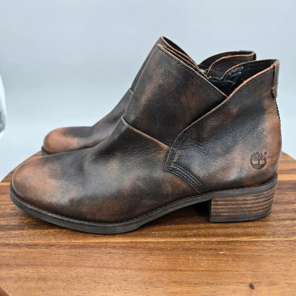 Timberland Boots Womens 9.5 Brown Leather Block Heel Zip Chelsea Ankle Booties